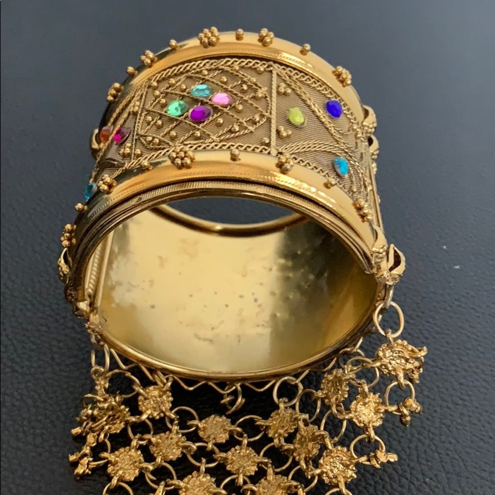 Antique Gold Multicolored Cuff Bracelet with Ring - Picture 6 of 8